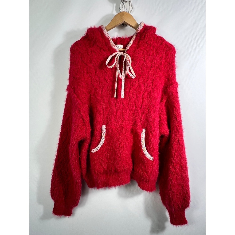 POL Womens Red Eyelash Knit Fuzzy Hoodie Floral Trim Oversized Sweater YST752 M - Picture 2 of 10